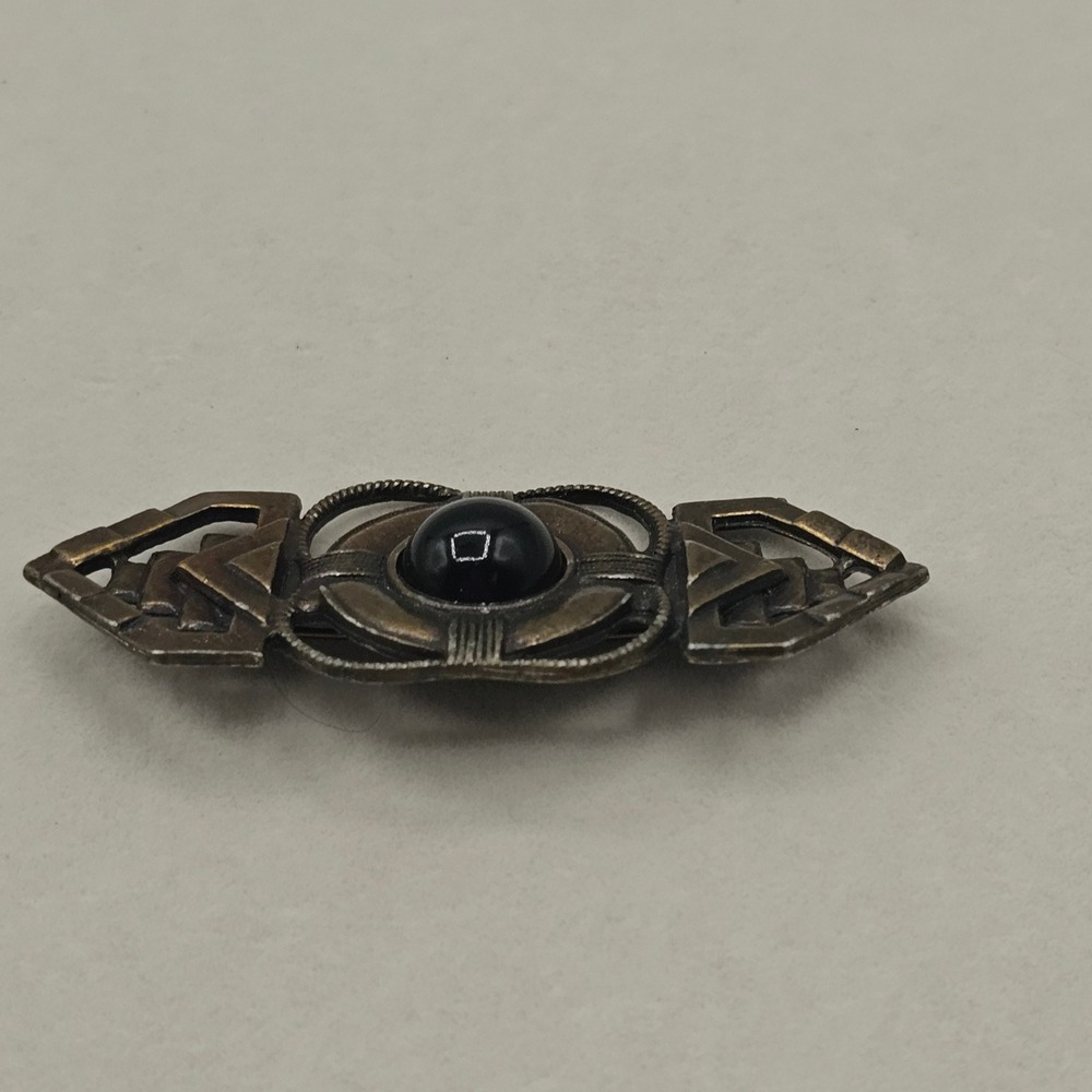 Art Deco Style Brooch Glass Cabochon Black Bronze Tone 2.75" Pin Geometric - Picture 9 of 9